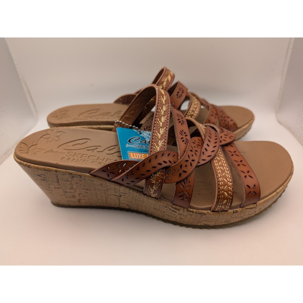SKECHERS 31714 BEVERLEE TIGER-TIGER POSSE TAN WOMENS LUXE FOAM WEDGE SIZE 9